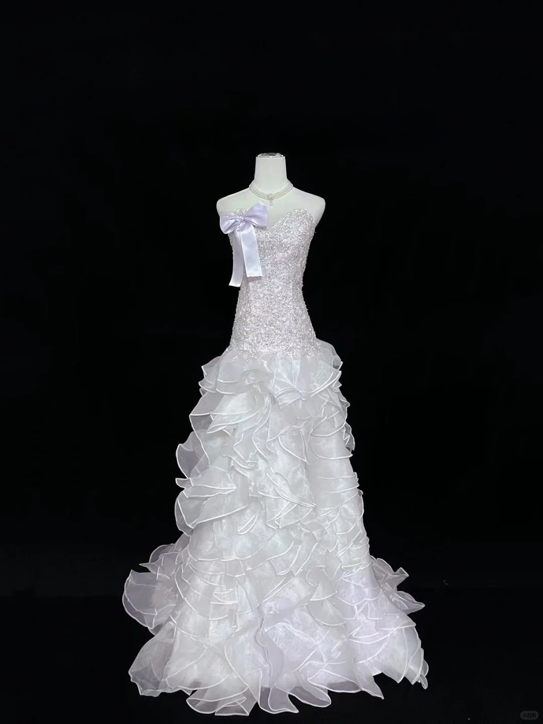 Elegant Lilac Strapless Mermaid Beaded Ruffled Tulle One-Shoulder Bow Evening Gown DP7368