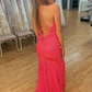 Hot Pink Scoop Neck Mermaid Sequins Long Prom Dress, DP2617