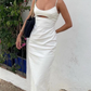 White Spaghetti Straps Backless Sheath Long Party Dress Birthday Outfits, DP3736