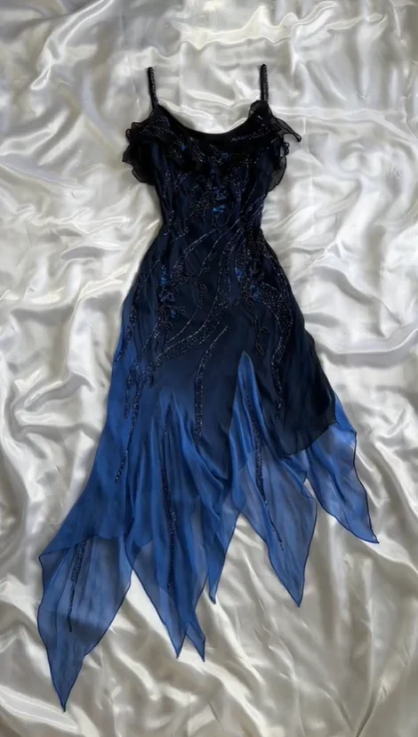 Dark Blue Spaghetti Straps Beading Ruffles Vintage Party Gown DP3894