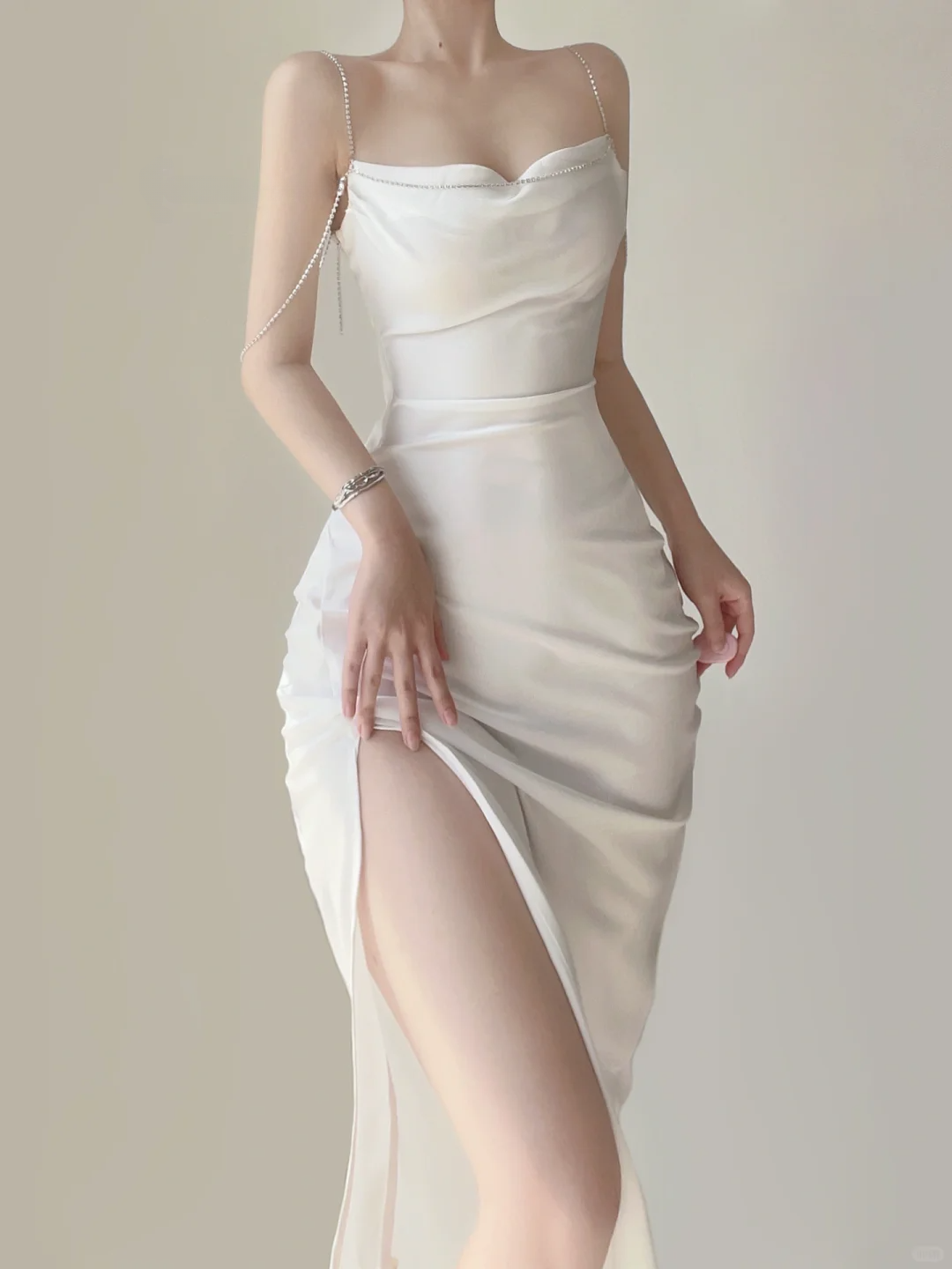 White Spaghetti Straps Mermaid Satin Long Party Dress Birthday Outfits, DP5383