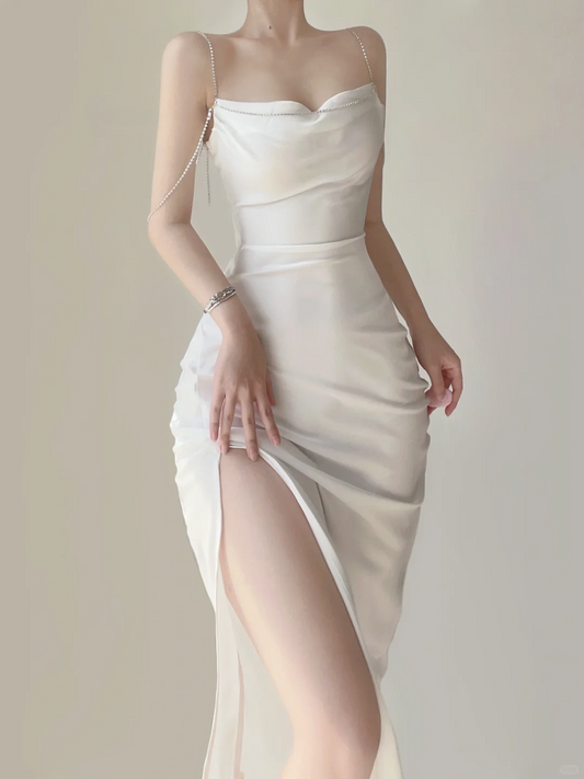 White Spaghetti Straps Mermaid Satin Long Party Dress Birthday Outfits, DP5383