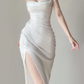 White Spaghetti Straps Mermaid Satin Long Party Dress Birthday Outfits, DP5383