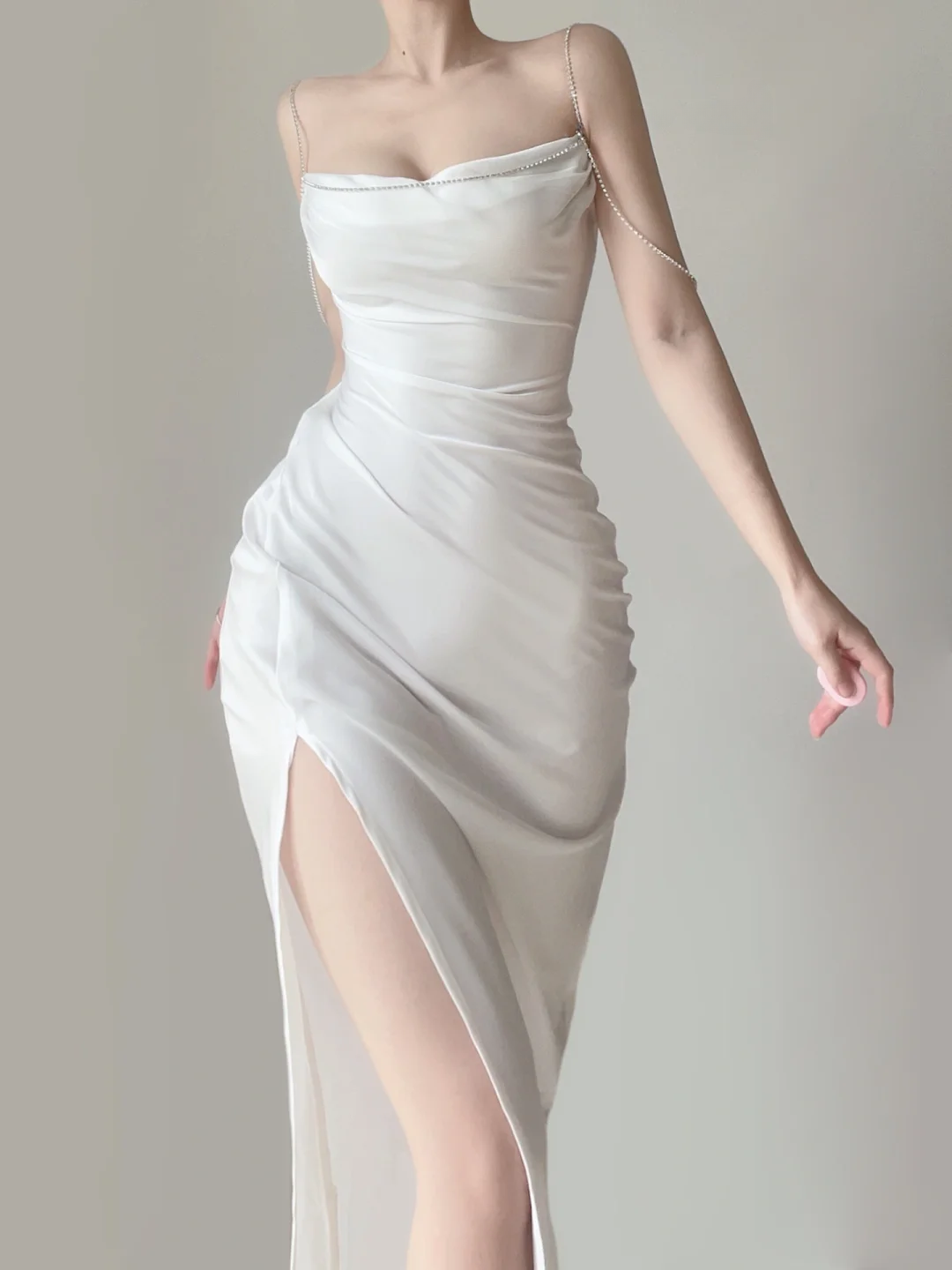 White Spaghetti Straps Mermaid Satin Long Party Dress Birthday Outfits, DP5383