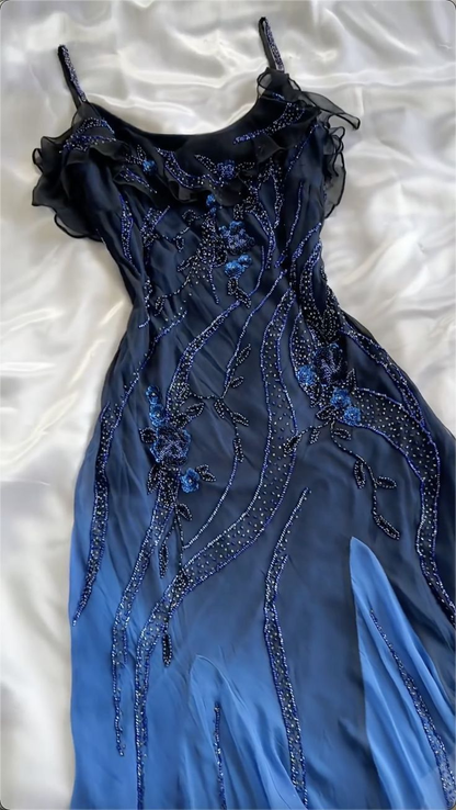 Dark Blue Spaghetti Straps Beading Ruffles Vintage Party Gown DP3894