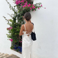 White Spaghetti Straps Backless Sheath Long Party Dress Birthday Outfits, DP3736