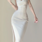 White Spaghetti Straps Mermaid Satin Long Party Dress Birthday Outfits, DP5383
