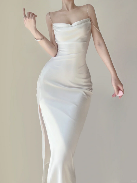 White Spaghetti Straps Mermaid Satin Long Party Dress Birthday Outfits, DP5383