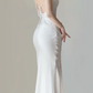 White Spaghetti Straps Mermaid Satin Long Party Dress Birthday Outfits, DP5383