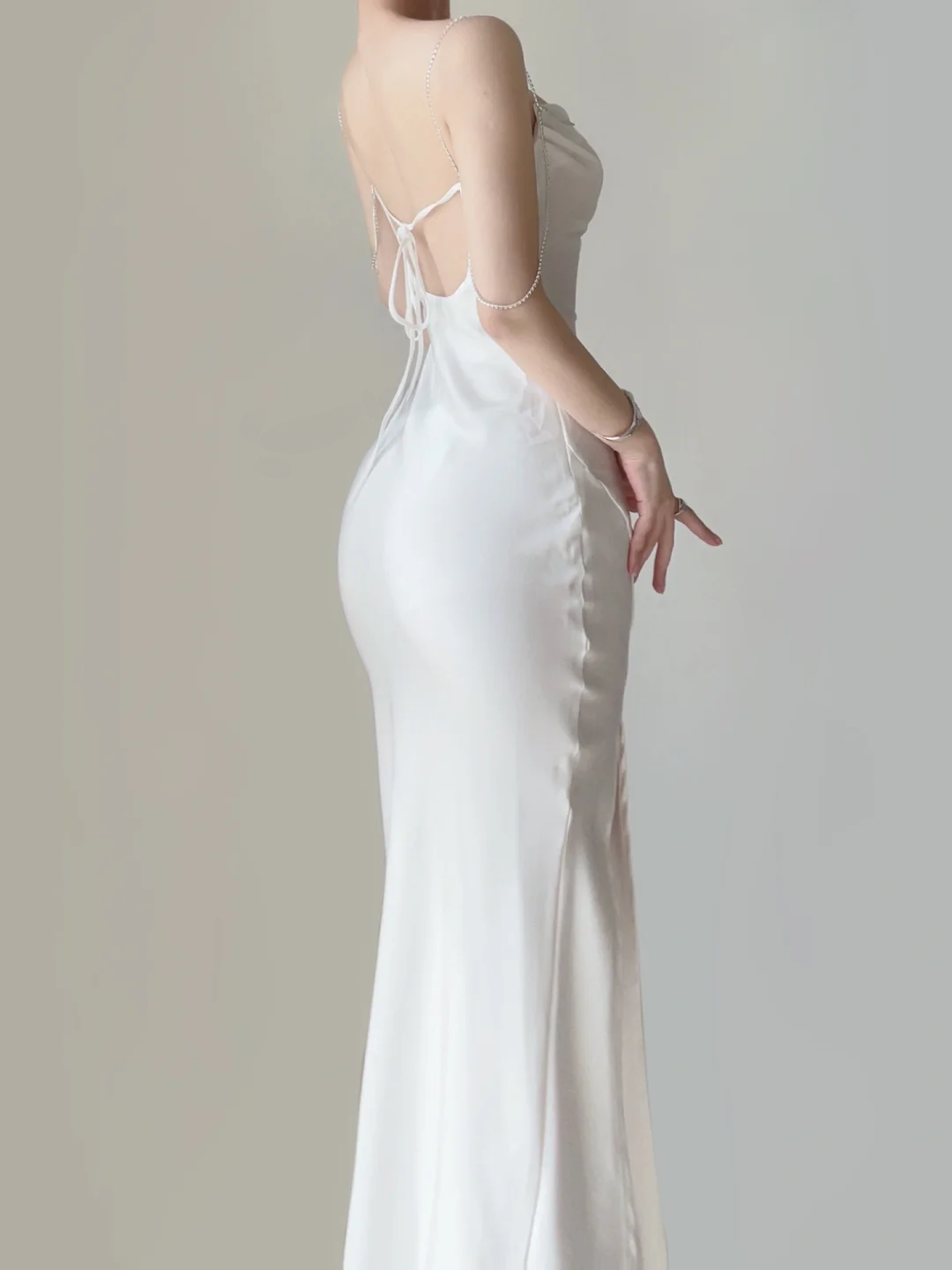 White Spaghetti Straps Mermaid Satin Long Party Dress Birthday Outfits, DP5383
