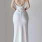 White Spaghetti Straps Mermaid Satin Long Party Dress Birthday Outfits, DP5383