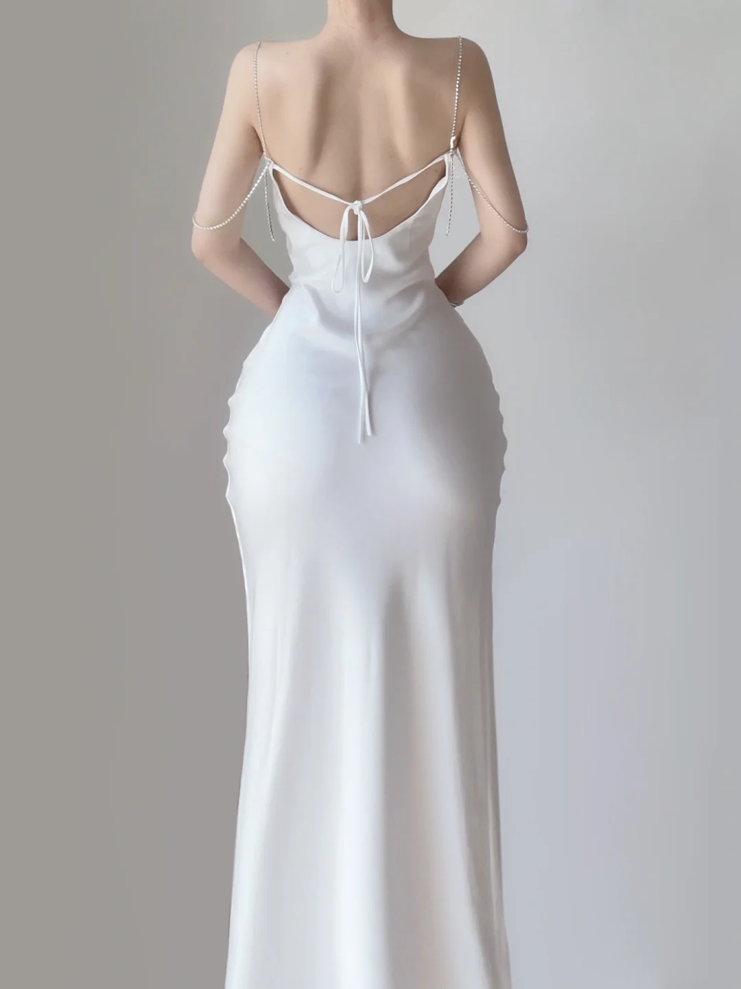 White Spaghetti Straps Mermaid Satin Long Party Dress Birthday Outfits, DP5383