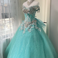 Gorgeous Sparkly Mint Green Tulle Off-the-Shoulder Beaded Sweet 16 Quinceanera Ball Gown DP7360