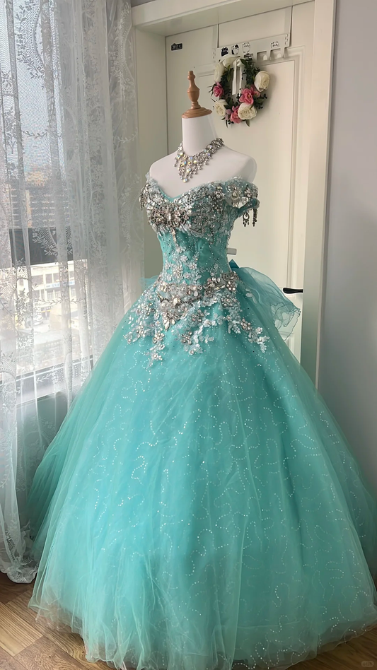 Gorgeous Sparkly Mint Green Tulle Off-the-Shoulder Beaded Sweet 16 Quinceanera Ball Gown DP7360