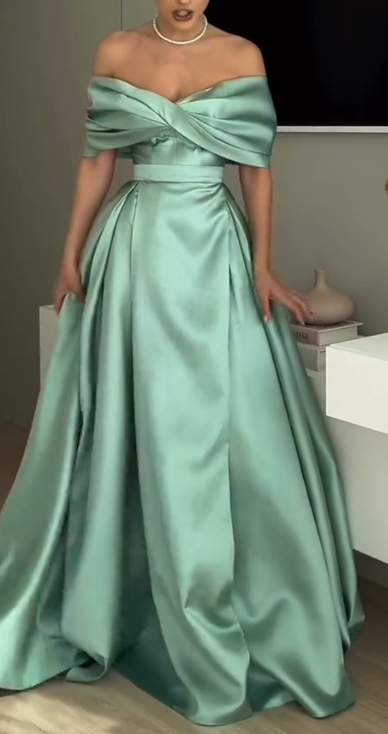 Elegant Sage Green Satin Off-the-Shoulder A-Line Evening Gown DP8561