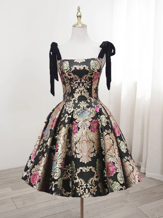 Vintage Floral Applique Spaghetti Strap Design A-line Satin Party Dress Homecoming Dress DP6061