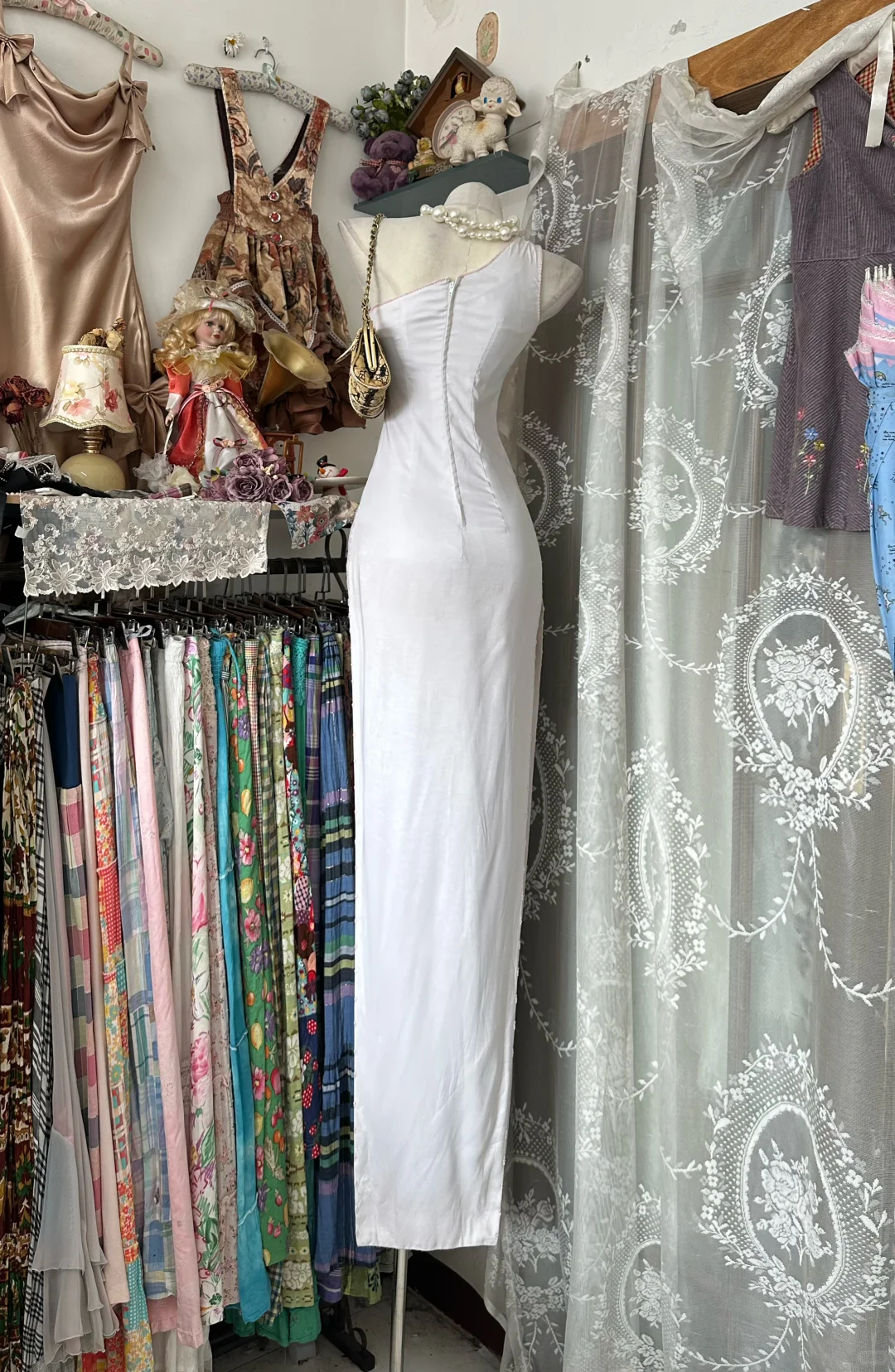 Vintage White One-Shoulder Sheath Evening Gown Pink Floral Embroidery Prom Dress DP8336