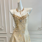 Vintage Champagne Gold Spaghetti Strap A-Line Beaded Evening Gown DP8402