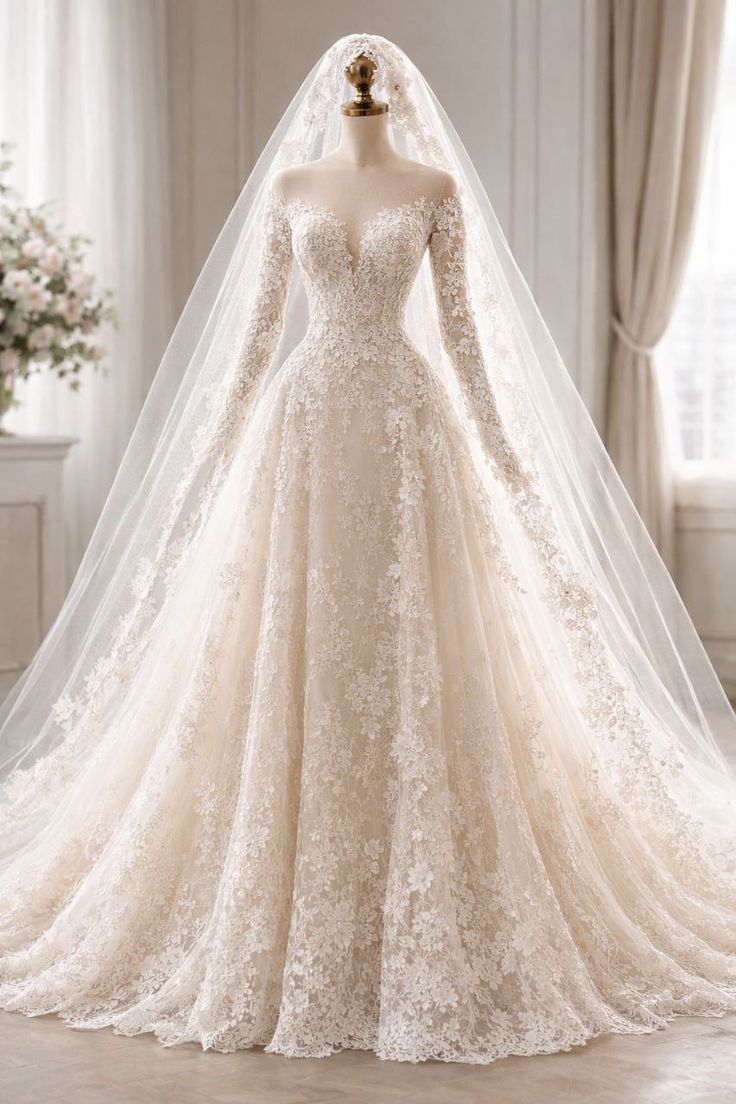Elegant Ivory Lace Long Sleeves & Veil Ball Gown Wedding Dress DP8166