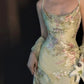 Glamorous Sage Green Floral Print Cowl Neck Satin Mermaid Prom Dress Spaghetti Strap Formal Evening Gown DP8203