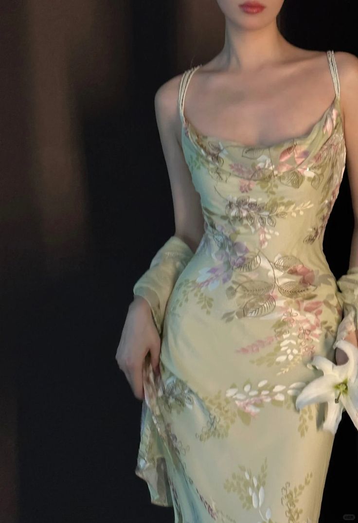 Glamorous Sage Green Floral Print Cowl Neck Satin Mermaid Prom Dress Spaghetti Strap Formal Evening Gown DP8203