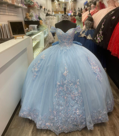 Light Blue Off Shoulder Tulle Quncenera Dress Sweet 16 Birthday Ball Gown, DP3353