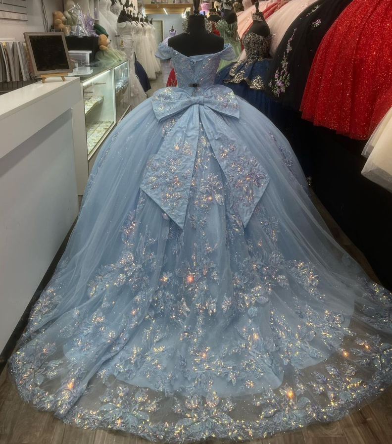 Light Blue Off Shoulder Tulle Quncenera Dress Sweet 16 Birthday Ball Gown, DP3353