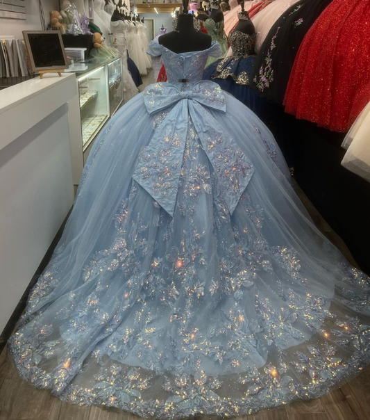 Light Blue Off Shoulder Tulle Quncenera Dress Sweet 16 Birthday Ball Gown, DP3353