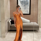 Burnt Orange Spaghetti Straps Long Satin Formal Party Dress with Slit, DP3559