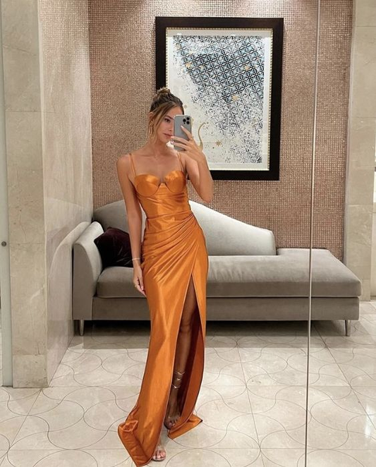 Burnt Orange Spaghetti Straps Long Satin Formal Party Dress with Slit, DP3559