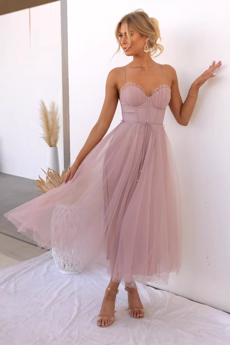 Vintage Tulle Sweetheart Spaghetti Straps Midi Evening Gown DP8143