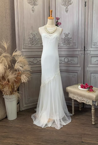 Vintage Ivory Sleeveless Mermaid Embroidery Tulle Wedding Dress DP7599