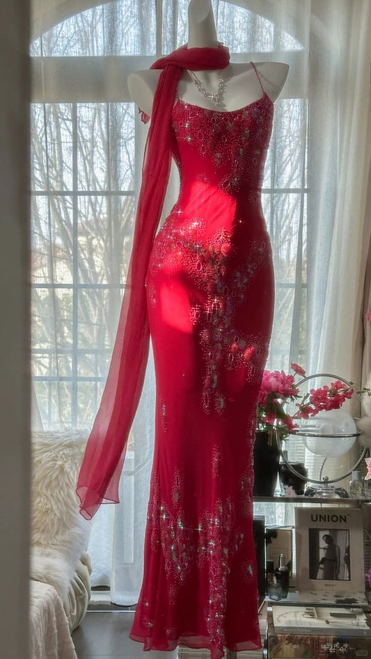 Vintage Rotes Chiffon Glänzende Perlen Spaghettiträger Meerjungfrau Langes Ballkleid Abendkleid, DP6532