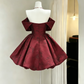 Vintage Burgundy Jacquard Off-the-Shoulder Mini A-Line Homecoming Dress DP8548