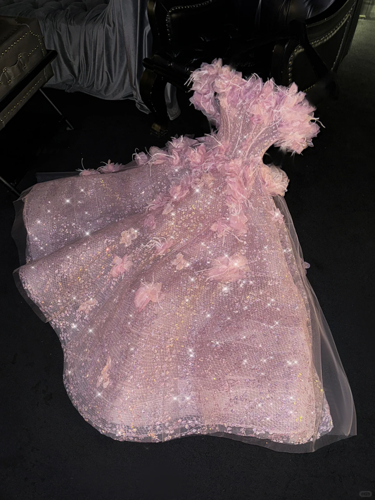 Glittering Pink Off-Shoulder Sequin Tulle 3D Floral Feather Homecoming Dress Party Dress Cocktail Dress DP7318