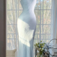 Elegant Light Blue Beaded Mermaid Prom Dress Spaghetti Strap Evening Dress DP8123