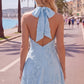 Elegant Light Blue 3D Floral Halter-Neck Ruched A-Line Homecoming Dress DP8736