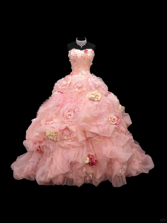 Romantic Pink Strapless 3D Floral Applique & Layered Tulle Sweet 16 Quinceanera Ball Gown DP7278