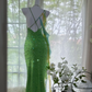 Vintage Shiny Sequin Green Spaghetti Strap Design A-line Romantic Chiffon Evening Dress Prom Dress DP6026