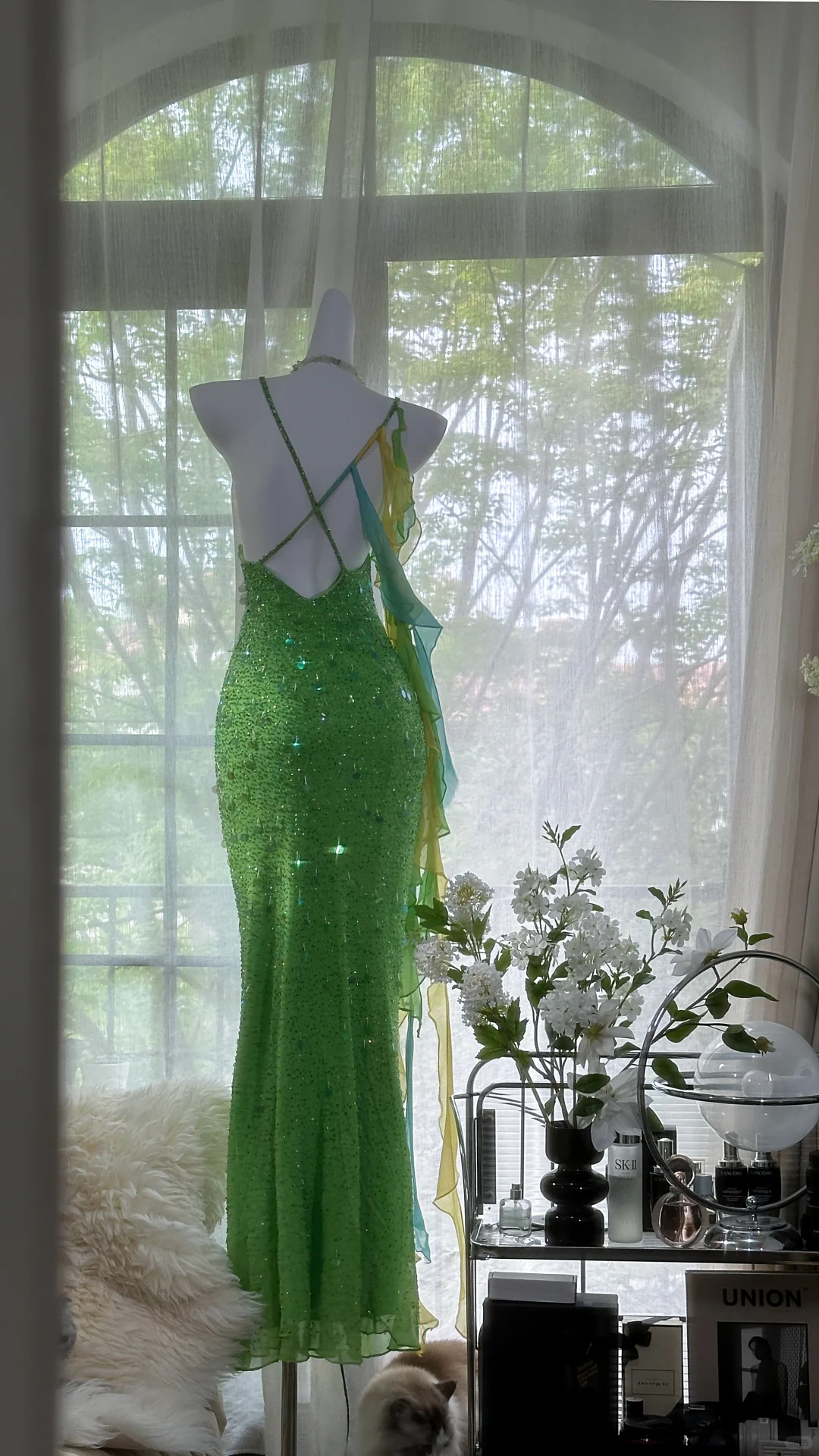Vintage Shiny Sequin Green Spaghetti Strap Design A-line Romantic Chiffon Evening Dress Prom Dress DP6026