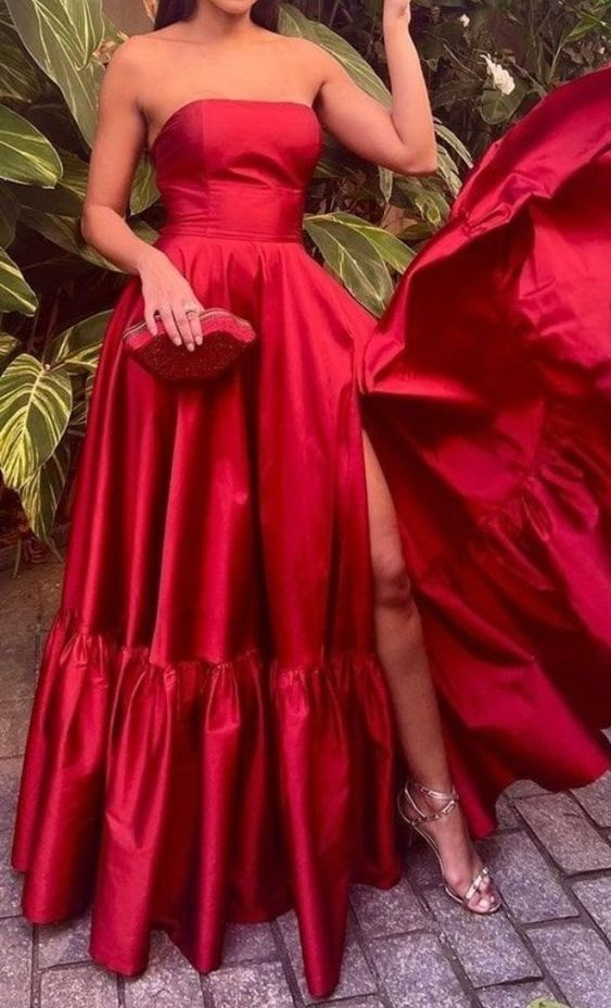 Elegant Red Strapless A-Line Satin Long Formal Party Dress, DP3738