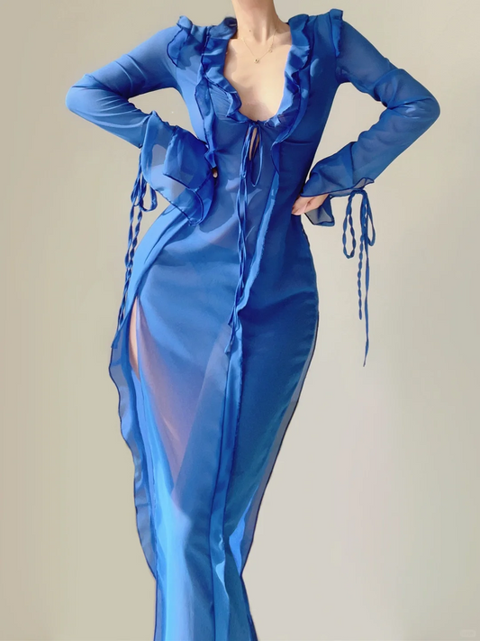 Sexy Blau Tiefem V-Ausschnitt Meerjungfrau Chiffon Langes Abendkleid Strand Outfits, DP5385