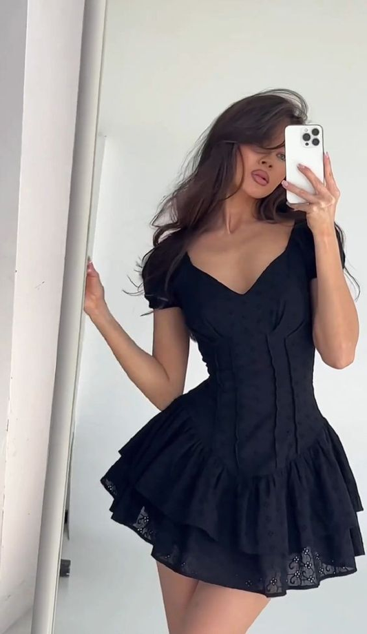 Black V Neck Short Sleeves Mini Birthday Dress Homecoming Dress, DP3074