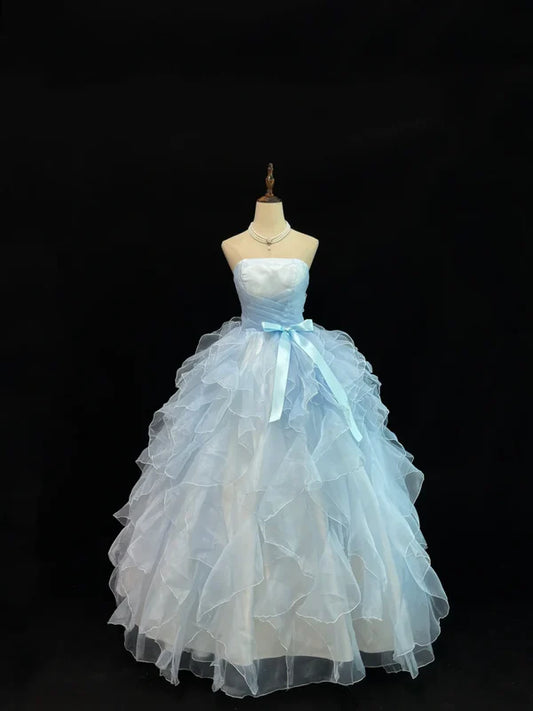 Vintage Light Blue Strapless Tulle Sweet 16 Quinceanera A-Line Evening Dress Ball Gown DP6299