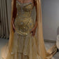 Glamorous Gold Sequin Evening Dress with Sheer Cape Overlay DP8006