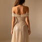 Elegant Champagne Sequin Off-the-Shoulder Ruched High Slit Evening Gown DP8649