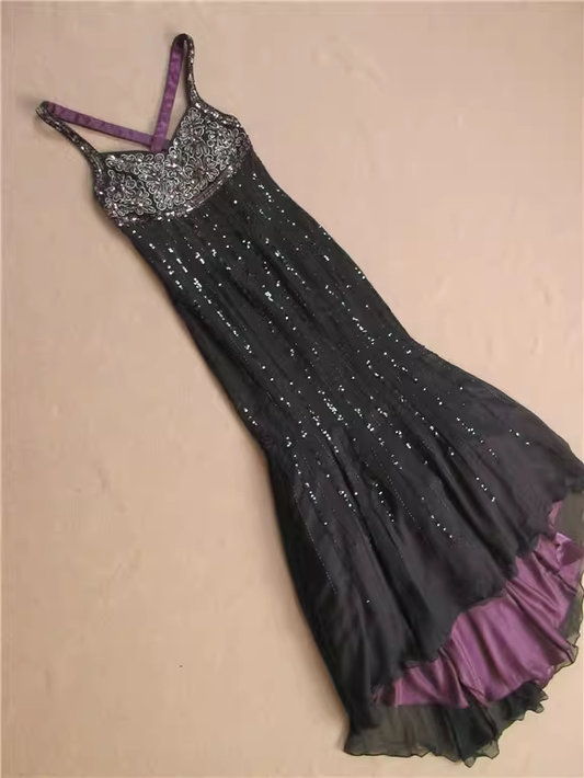 Glamorous Black & Purple Sequin Midi Evening Gown Ruffled Prom Dress DP7616