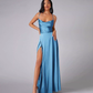 Dreamy Sage Satin Cowl Neck Spaghetti Strap Evening Dress Prom Dress with High Slit DP8139