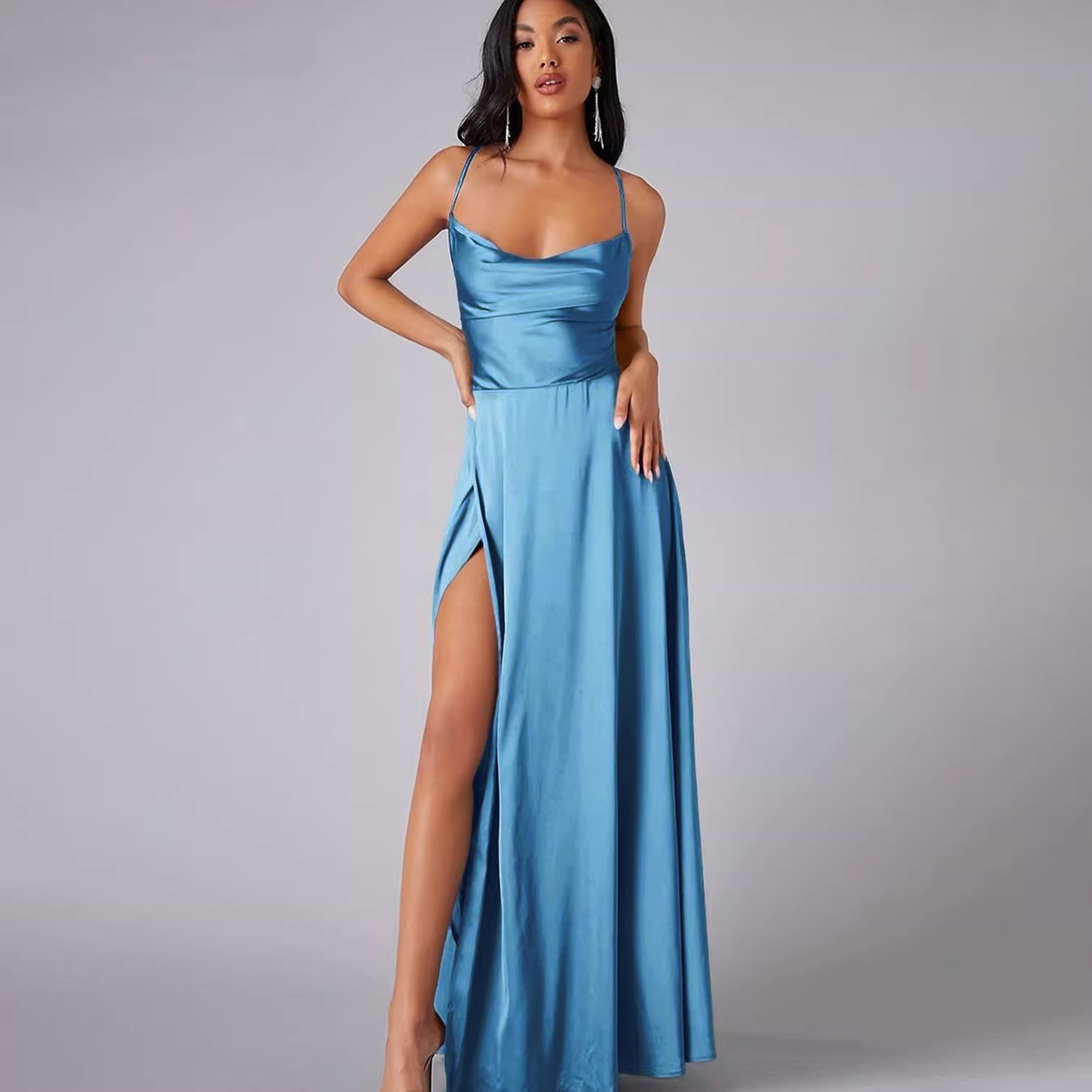 Dreamy Sage Satin Cowl Neck Spaghetti Strap Evening Dress Prom Dress with High Slit DP8139