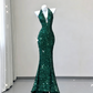 Elegant Sequins V-neck Halter Dress Mermaid Long Prom Dress Evening Dress DP3790
